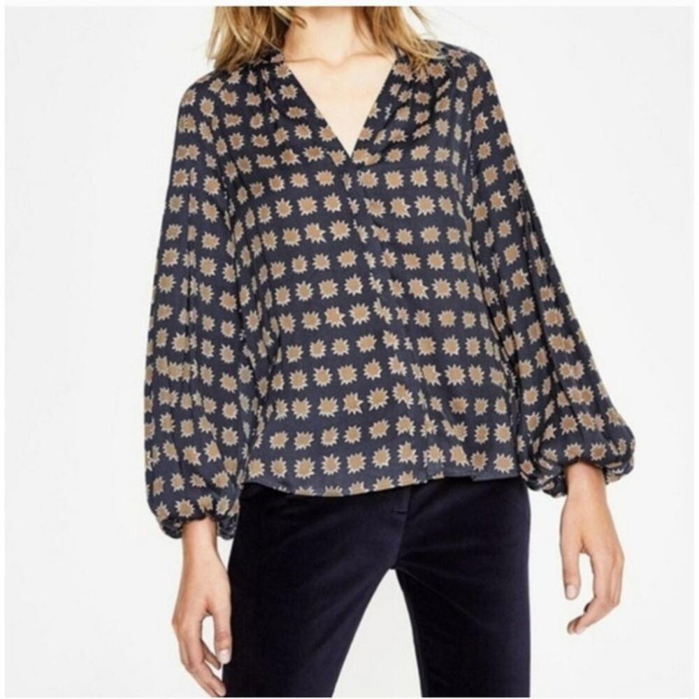 Boden Harriet Blouse Navy and Tan Print Pattern with Long Bishop Sleeve Size 12